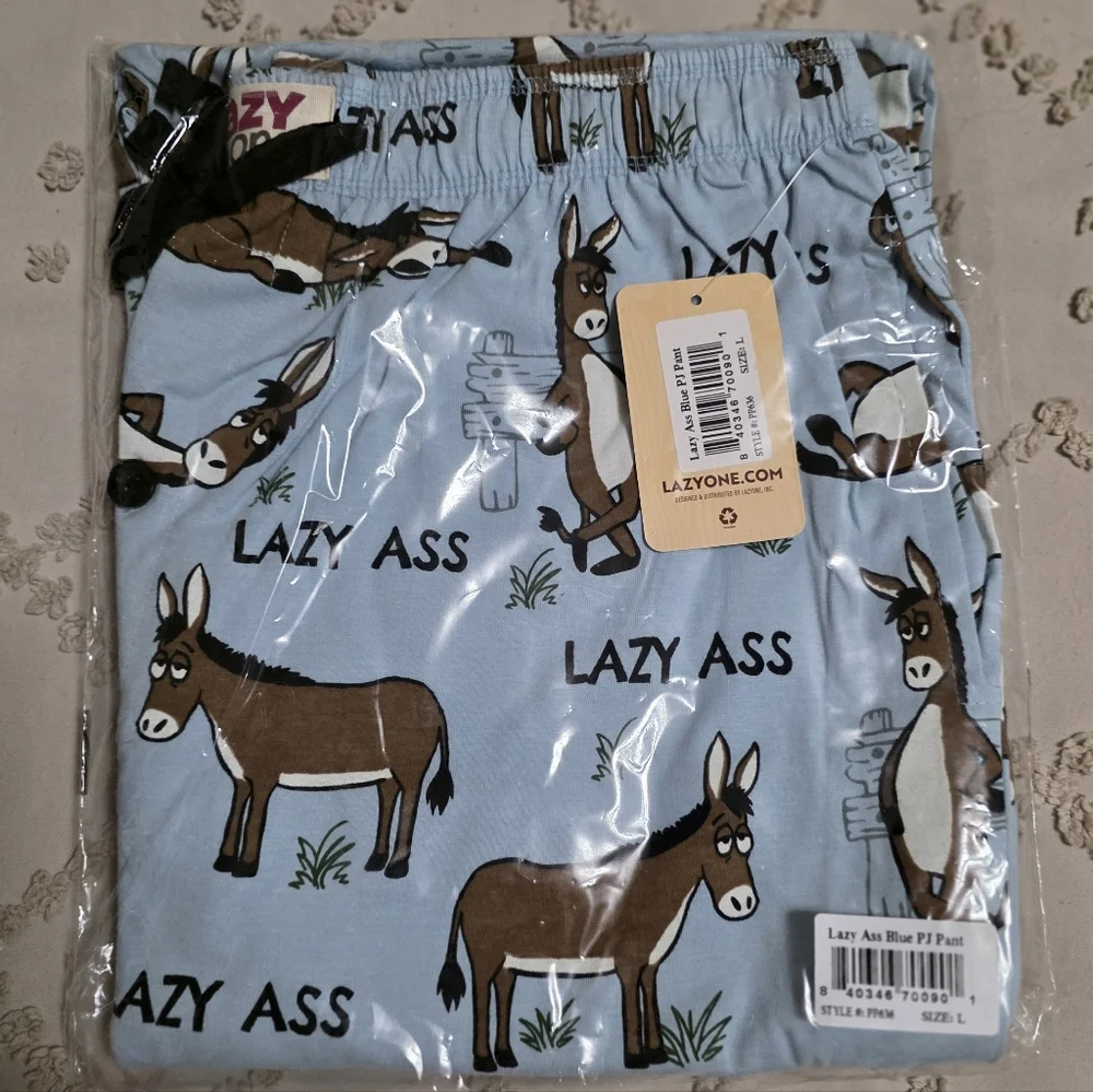 New Unisex Size Large Lazy One Light Blue Lazy Ass Donkey Print Pajama Pants - Picture 1 of 5